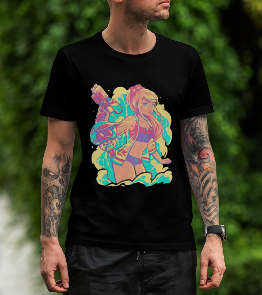 Metroid Water Games Neon Anime Girl With Water Gun And Floating Creature T-Shirt