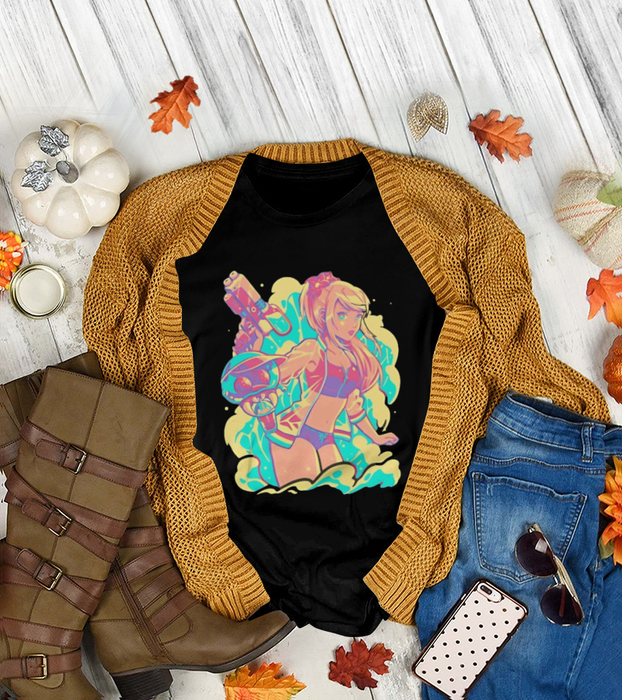 Metroid Water Games Neon Anime Girl with Water Gun and Floating Creature T-Shirt