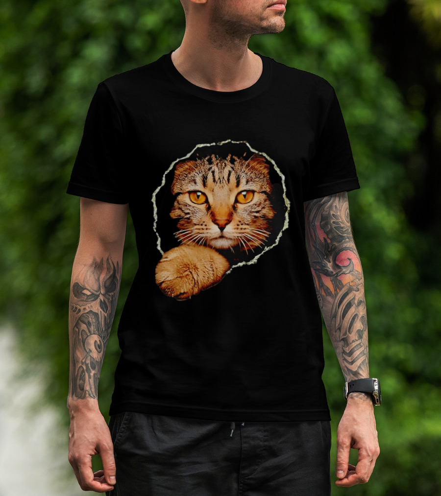 Tabby Cat Golden Eyes Peeking Through Handsome Brown T-Shirt