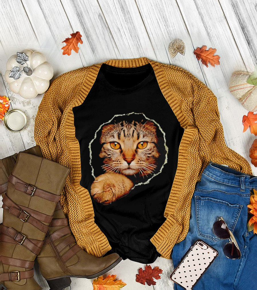 Tabby Cat Golden Eyes Peeking Through Handsome Brown T-Shirt