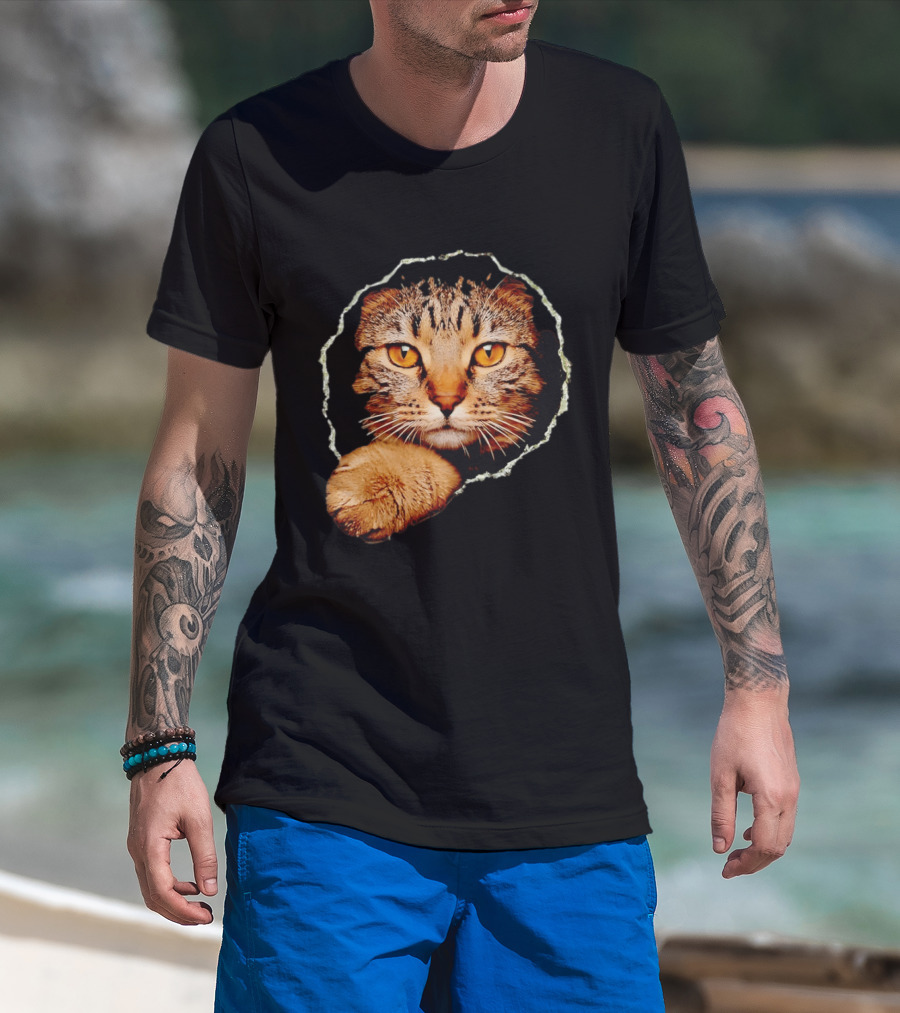Tabby Cat Golden Eyes Peeking Through Handsome Brown T-Shirt