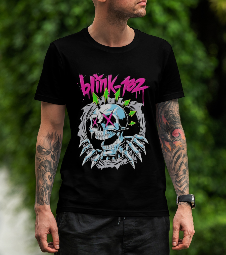 Blink 182 Pink Script With Neon Green Arrows And Punk Skull T-Shirt