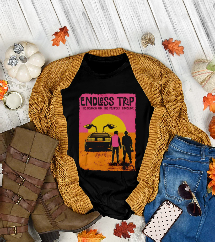 Endless Trip The Search for the Perfect Timeline Back to the Future Sunset Retro Car Journey T-Shirt
