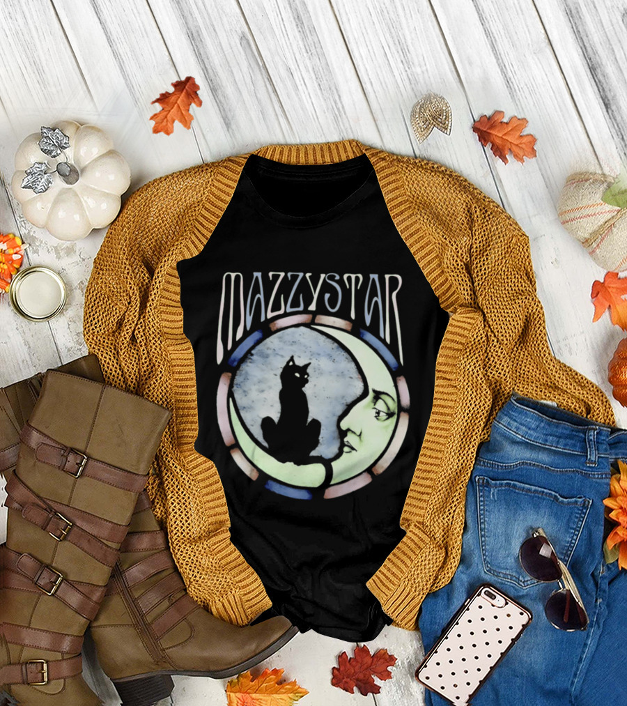 Mazzy Star Black Cat Moon Stained Glass Crescent Moon T-Shirt