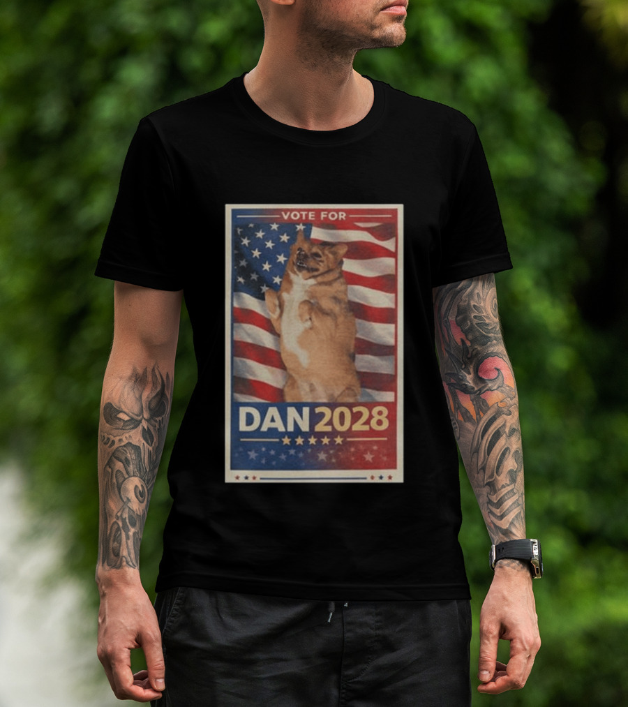 Vote For Dan 2028 American Flag Dog Stars Stripes T-Shirt