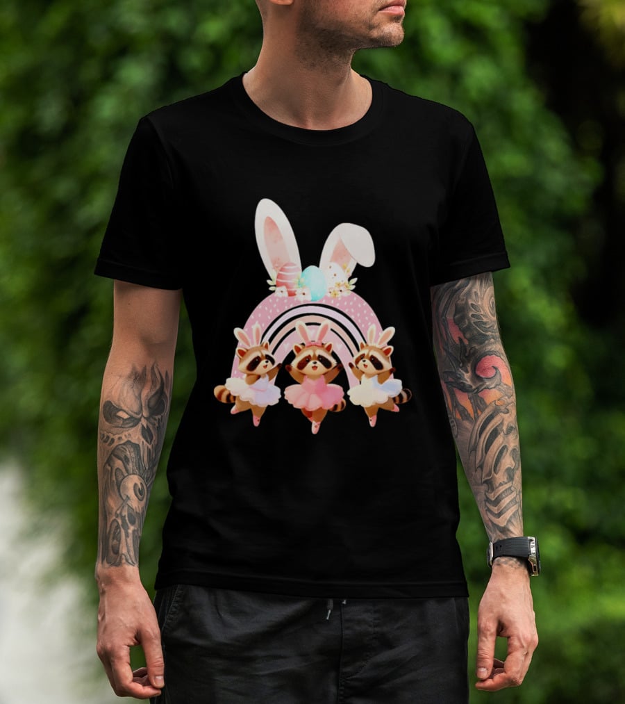 Ballet Dancer Ballerina Raccoons With Easter Bunny Ears And Eggs T-Shirt