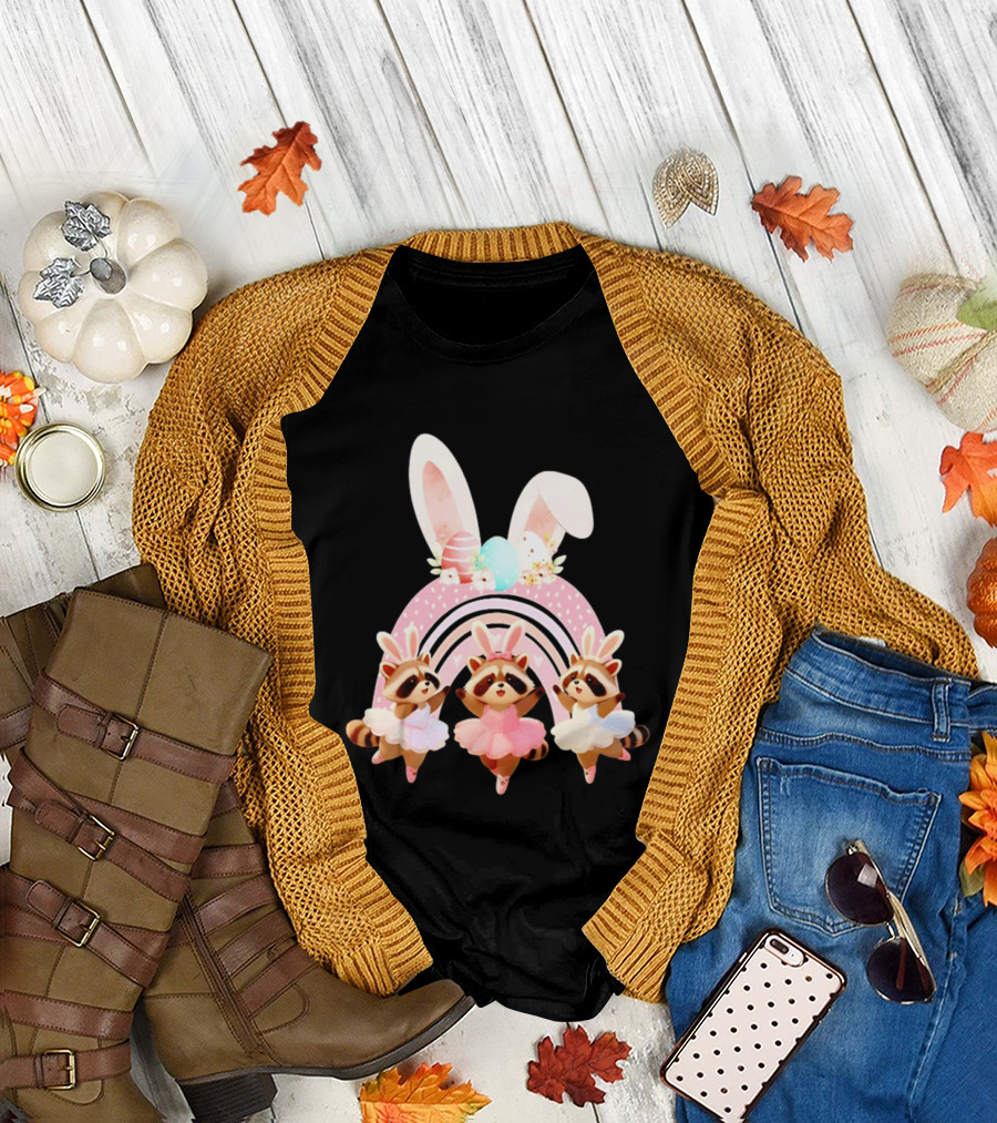 Ballet Dancer Ballerina Raccoons with Easter Bunny Ears and Eggs T-Shirt