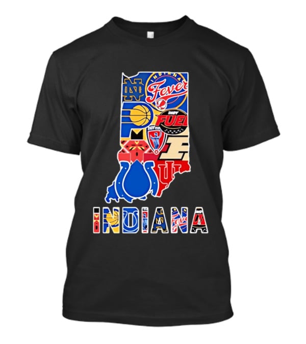 Indiana Sports Team Logos Map Featuring Colts Pacers Fever Hoosiers Fighting Irish Fuel T-Shirt