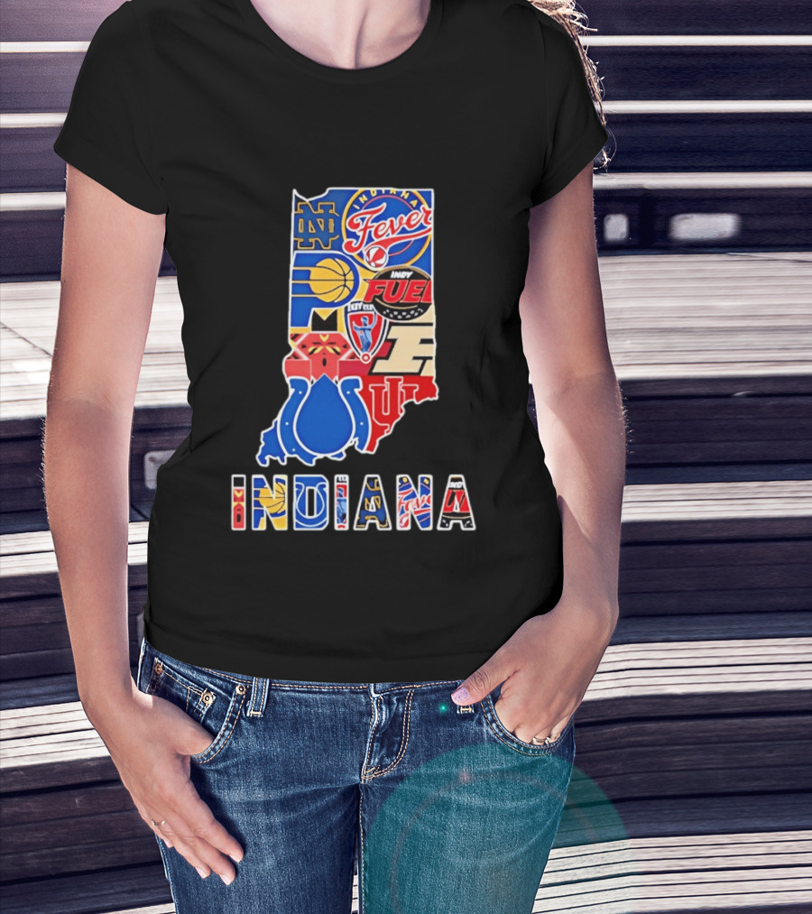 Indiana Sports Team Logos Map Featuring Colts Pacers Fever Hoosiers Fighting Irish Fuel T-Shirt