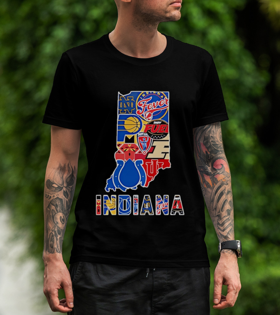 Indiana Sports Team Logos Map Featuring Colts Pacers Fever Hoosiers Fighting Irish Fuel T-Shirt