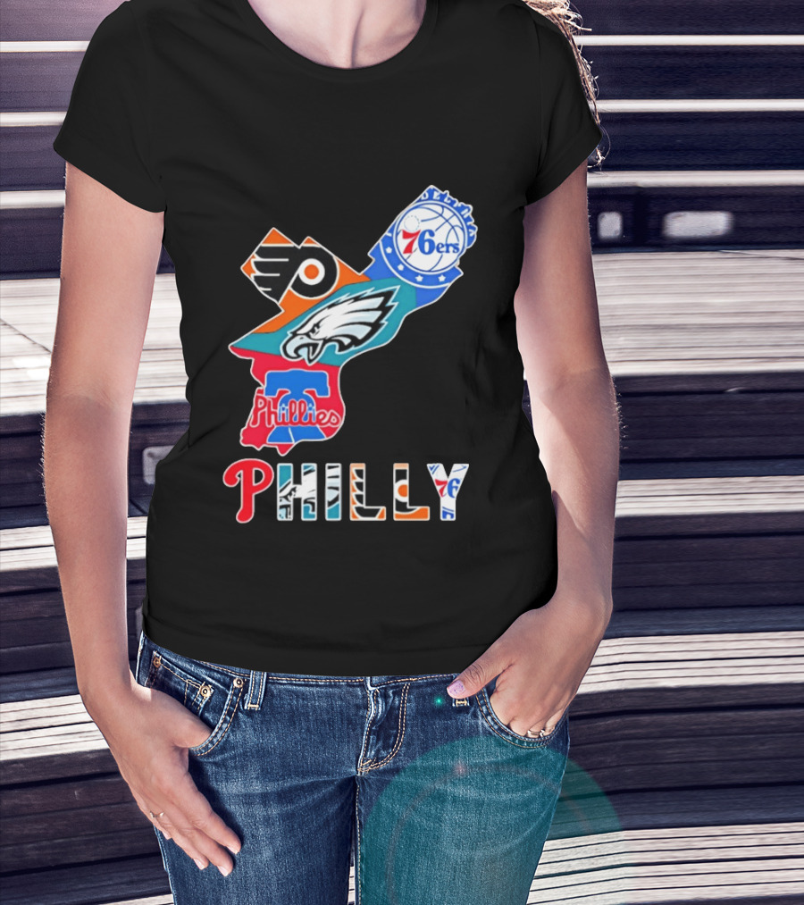 Philadelphia Flyers 76ers Eagles Phillies PHILLY Sports Logos State Map T-Shirt