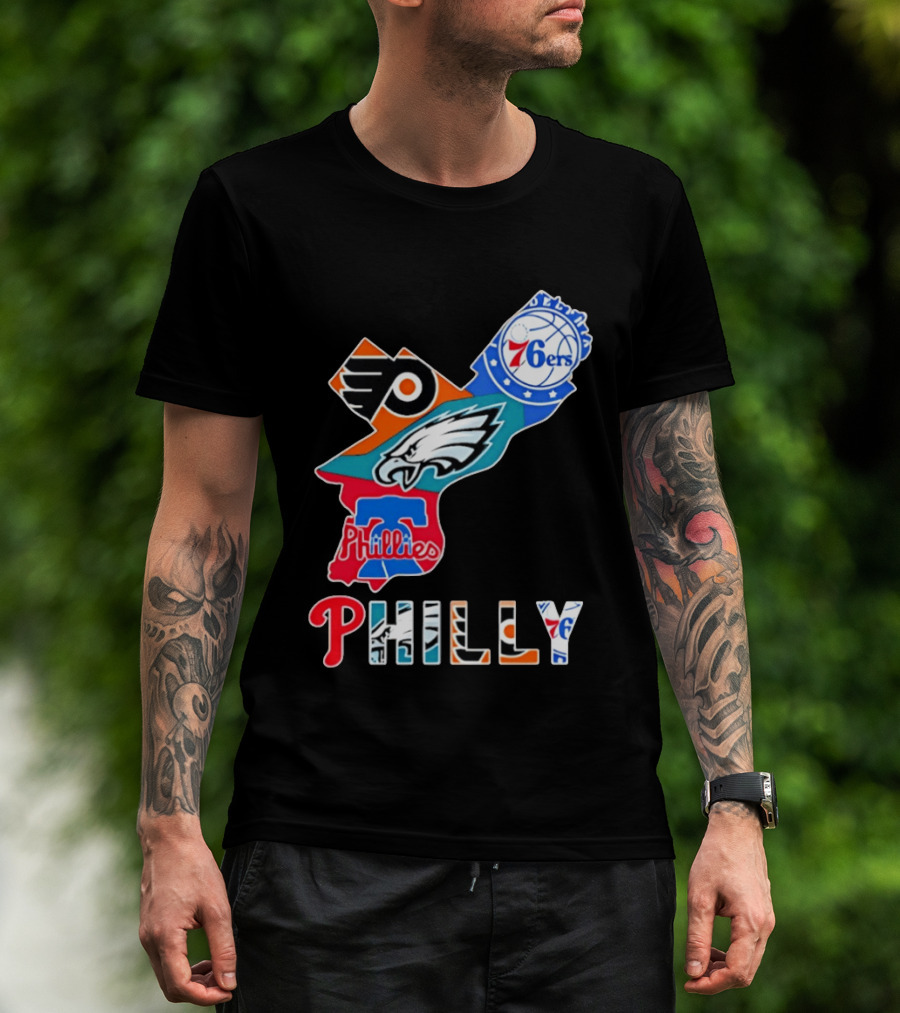Philadelphia Flyers 76ers Eagles Phillies PHILLY Sports Logos State Map T-Shirt