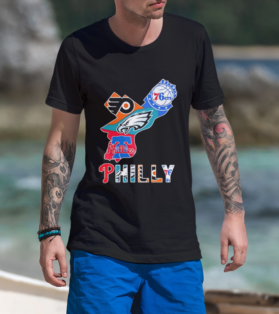 Philadelphia Flyers 76ers Eagles Phillies PHILLY Sports Logos State Map T-Shirt