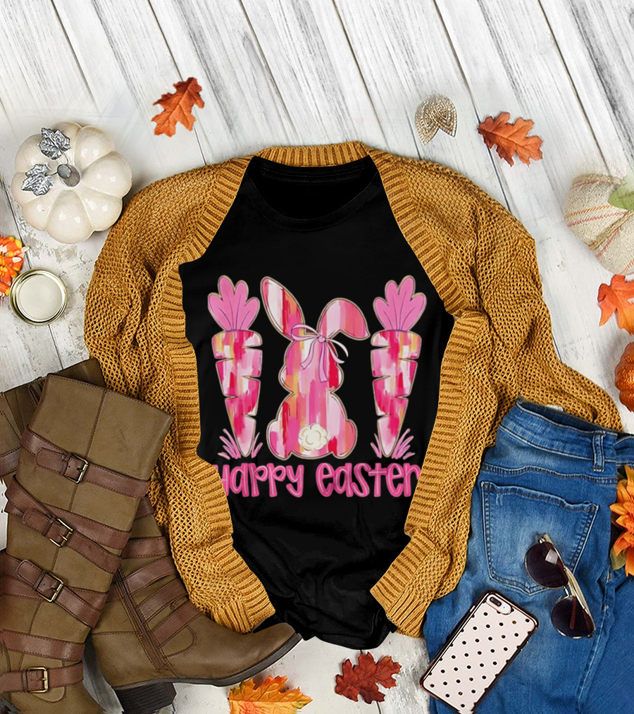 Pink Brushstroke Bunny Carrot Happy Easter T-Shirt