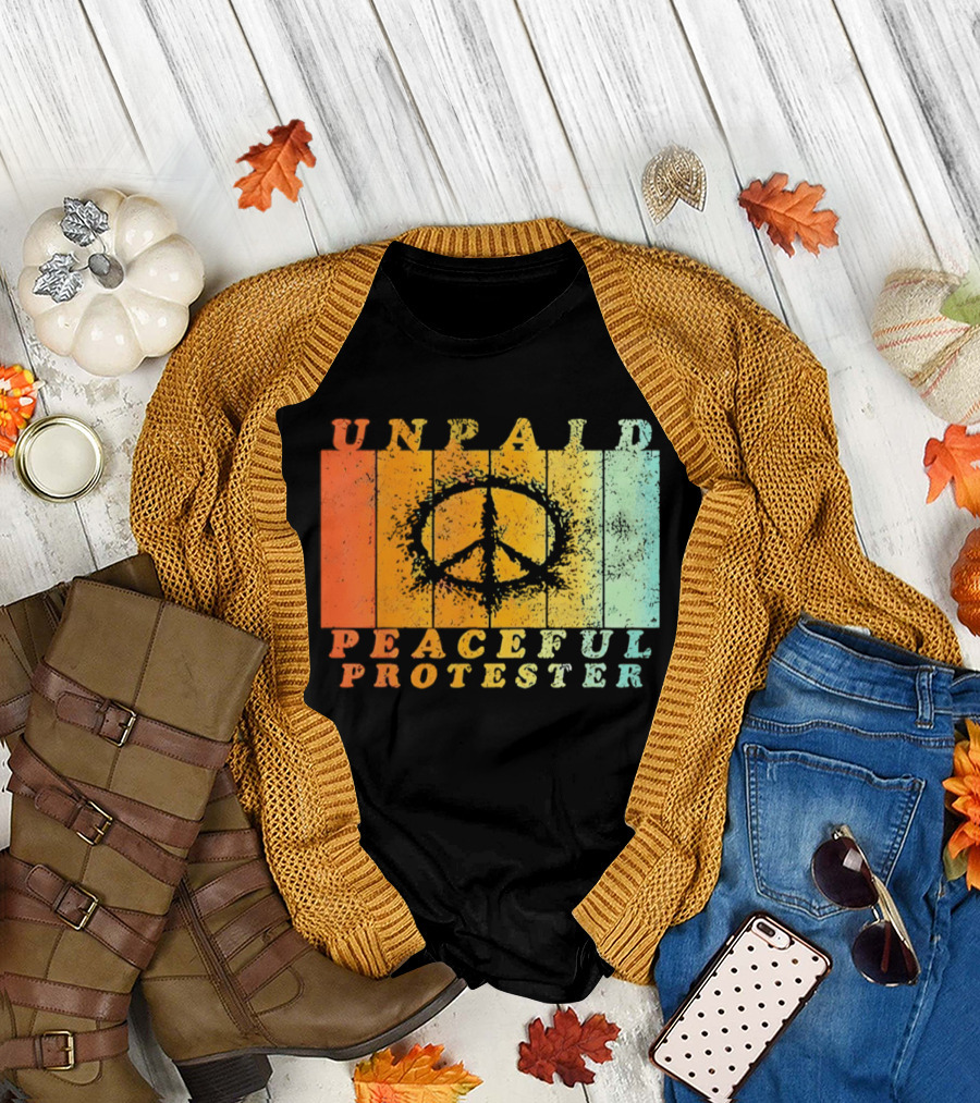 Unpaid Peaceful Protester Identity with Vintage Peace Symbol Rainbow Stripes T-Shirt