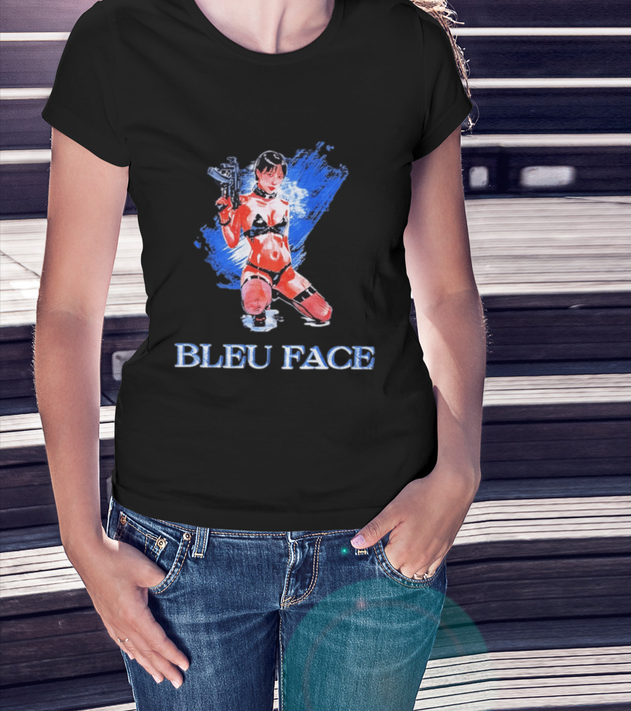 Bleu Face Anime Girl With Gun And Blue Brushstroke T-Shirt