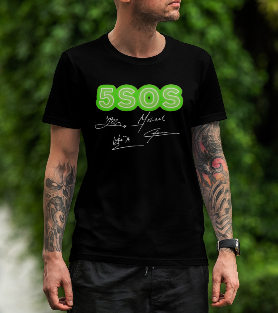 5SOS Luke Hemmings Calum Hood Ashton Irwin Michael Clifford Signatures Neon Green T-Shirt