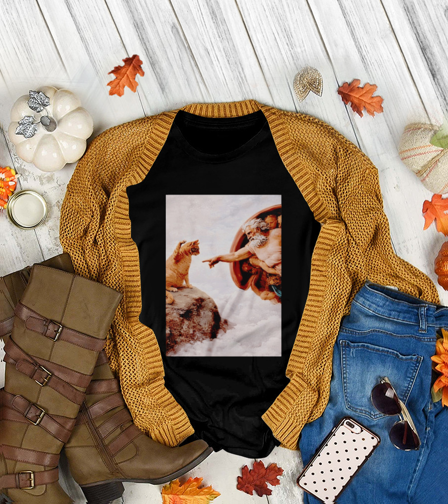 The Creation of Cat Michelangelo Parody Cats Touching Paws T-Shirt