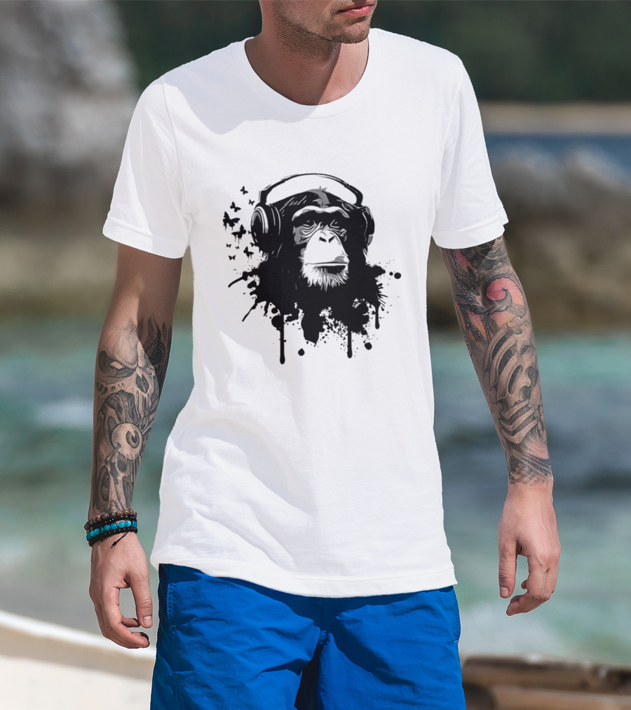 Monkey Headphones Street Art Splatter T-Shirt