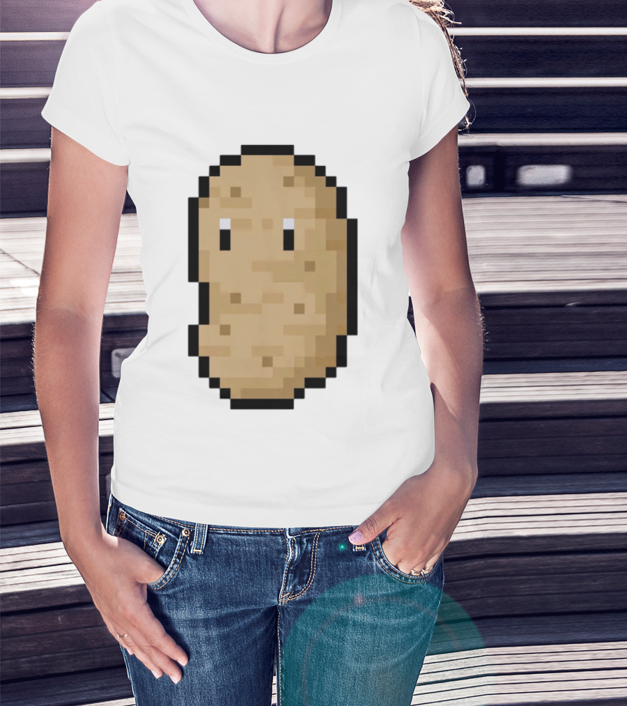 Pixelated Potato Meme Block Style Retro Gaming Humor T-Shirt