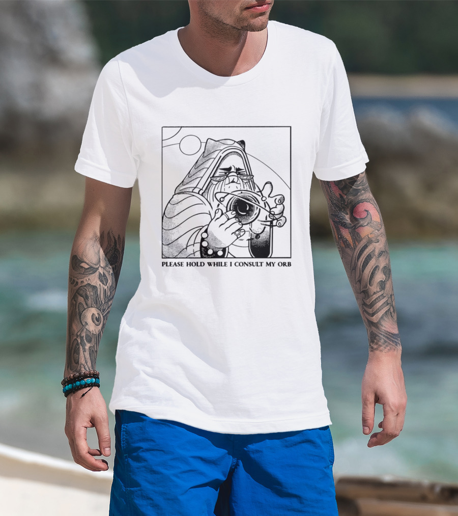 Please Hold While I Consult My Orb Wizard Illustration Fantasy T-Shirt