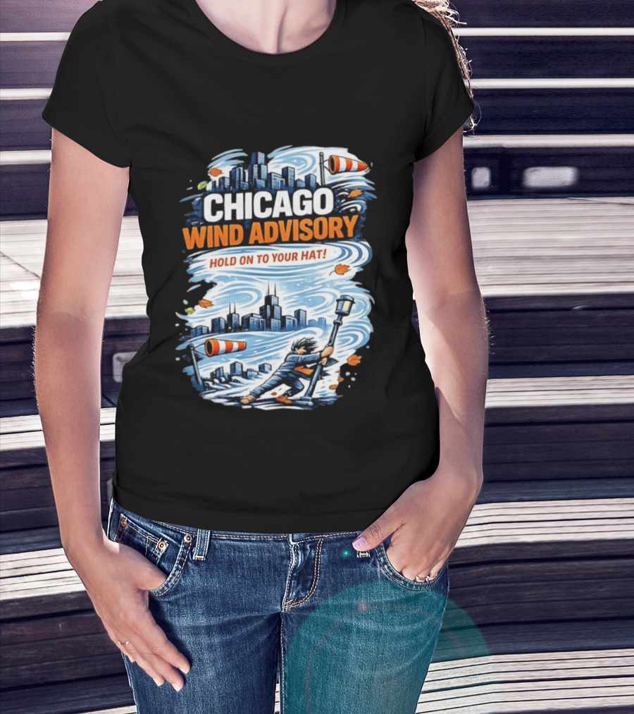 Chicago Wind Advisory Hold On To Your Hat Cityscape And Skyline Scene T-Shirt