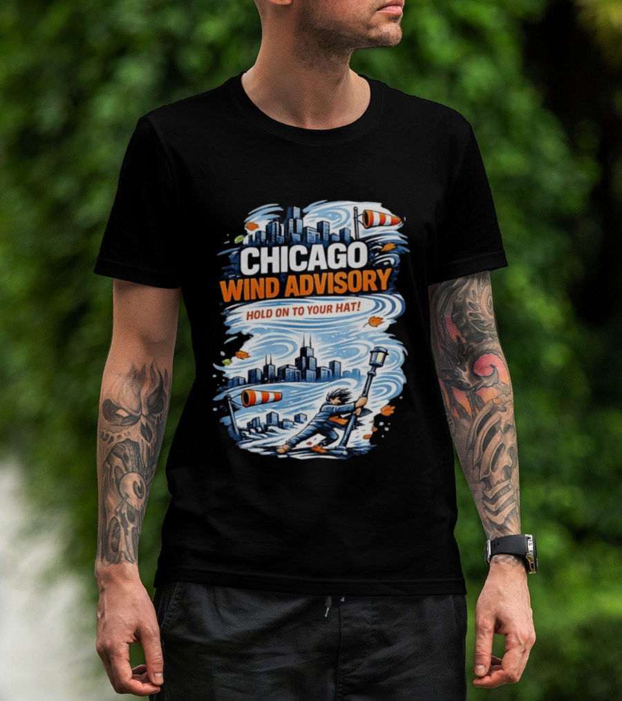 Chicago Wind Advisory Hold On To Your Hat Cityscape And Skyline Scene T-Shirt