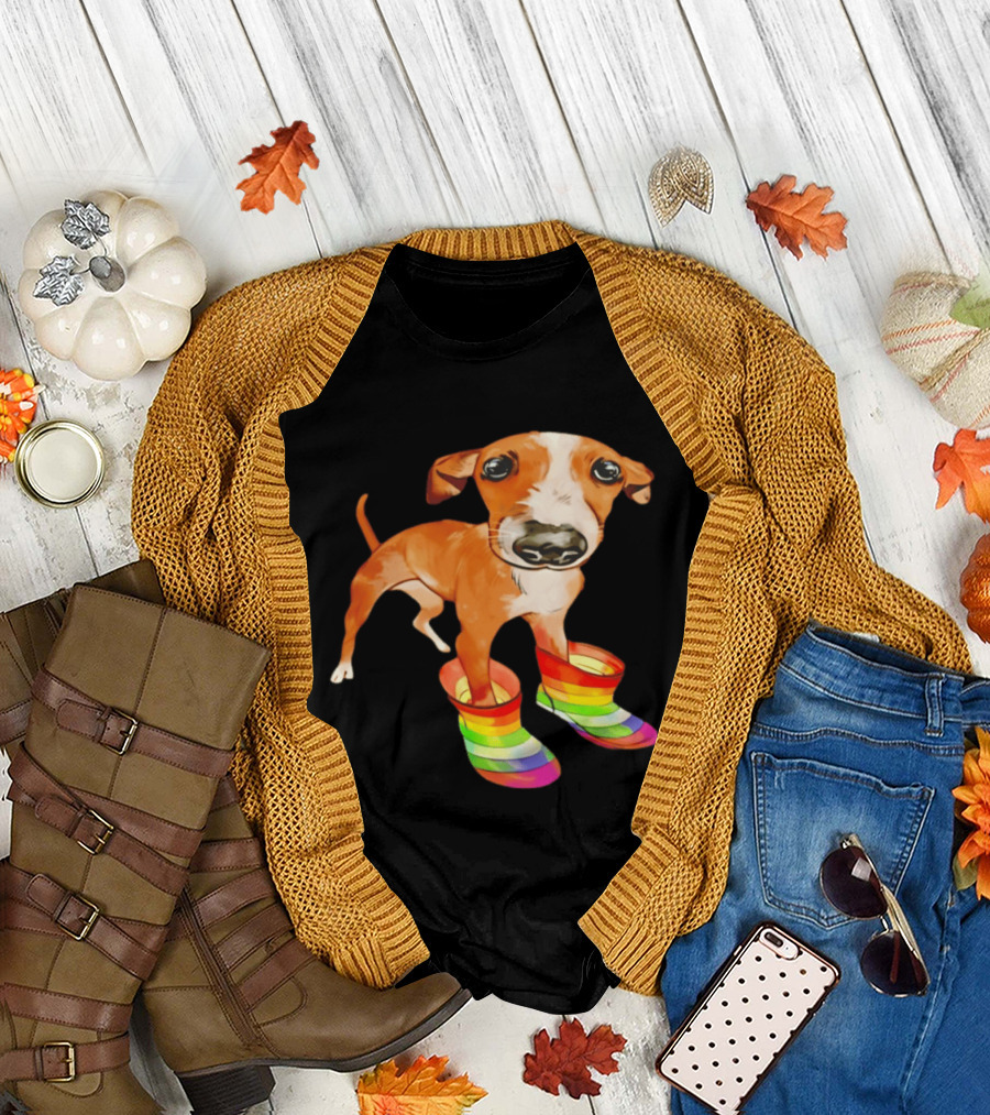 Doggie Rainbow Rainboots Puppy in Colorful Boots T-Shirt