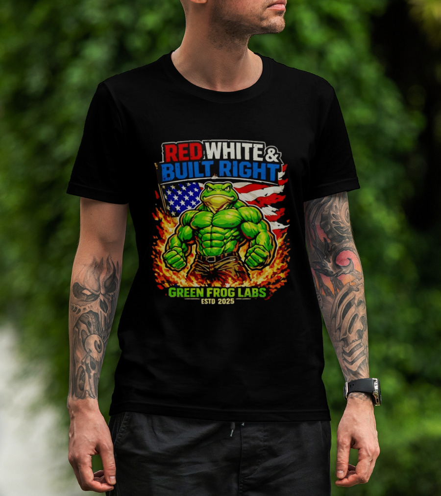 Red White & Built Right Green Frog Labs USA Flag ESTD 2025 T-Shirt