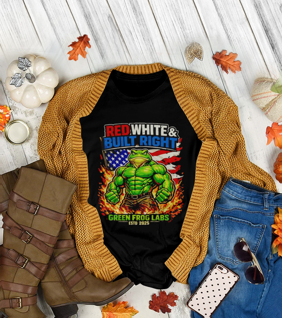 Red White & Built Right Green Frog Labs USA Flag ESTD 2025 T-Shirt
