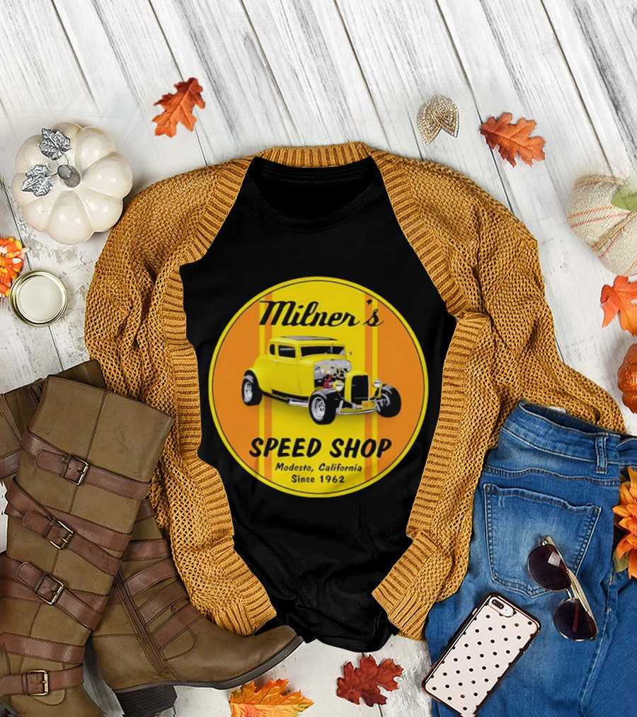 Milner's Speed Shop Modesto California Since 1962 American Graffiti Movie Classic Yellow Hot Rod T-Shirt