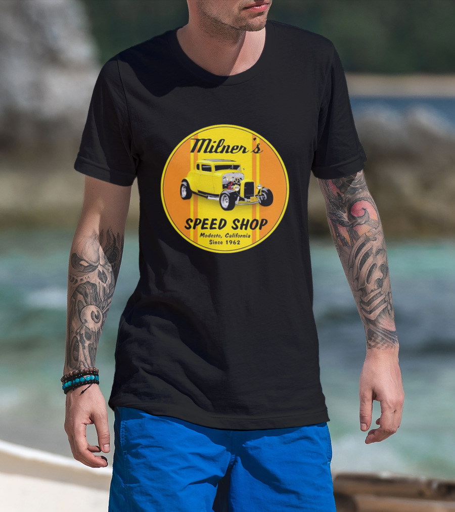 Milner's Speed Shop Modesto California Since 1962 American Graffiti Movie Classic Yellow Hot Rod T-Shirt