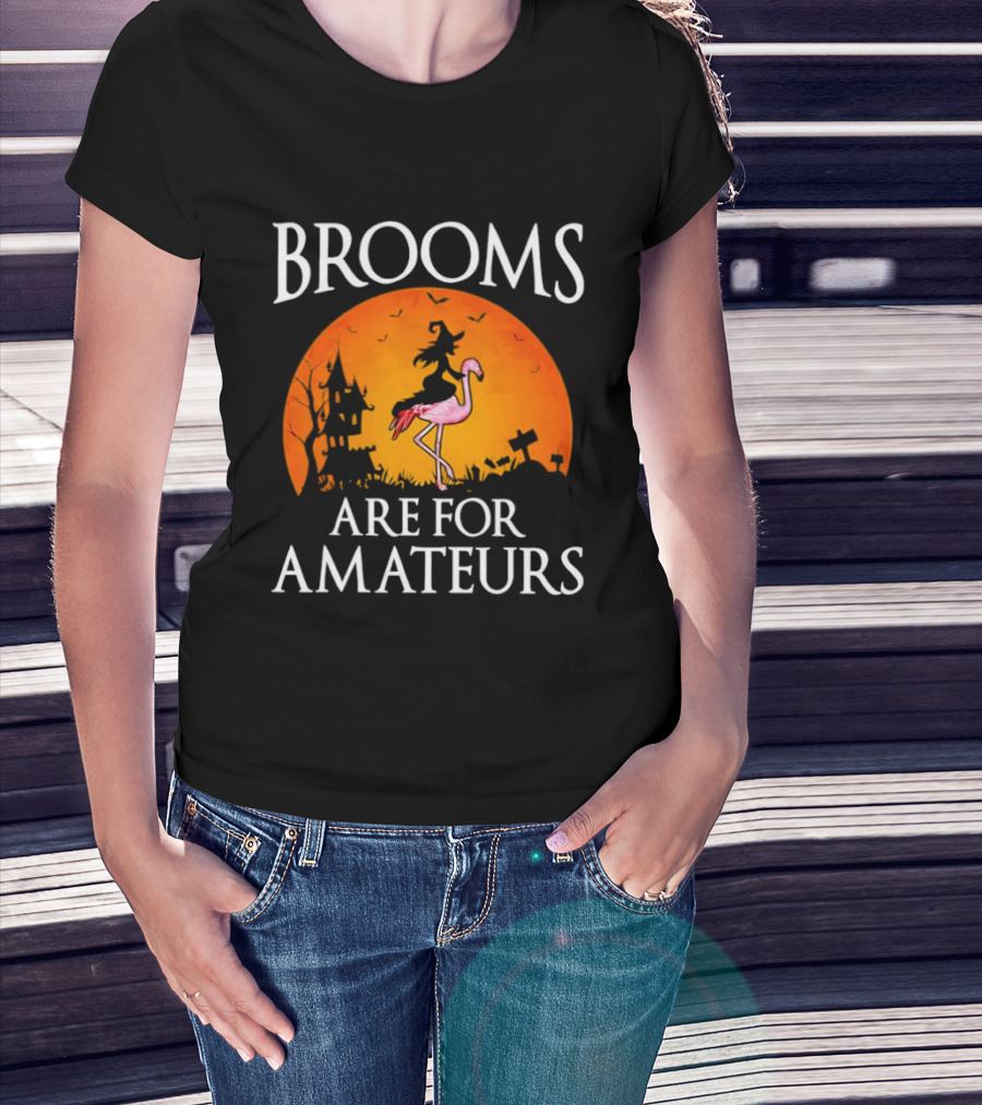 Brooms Are For Amateurs Flamingo Witch Halloween T-Shirt