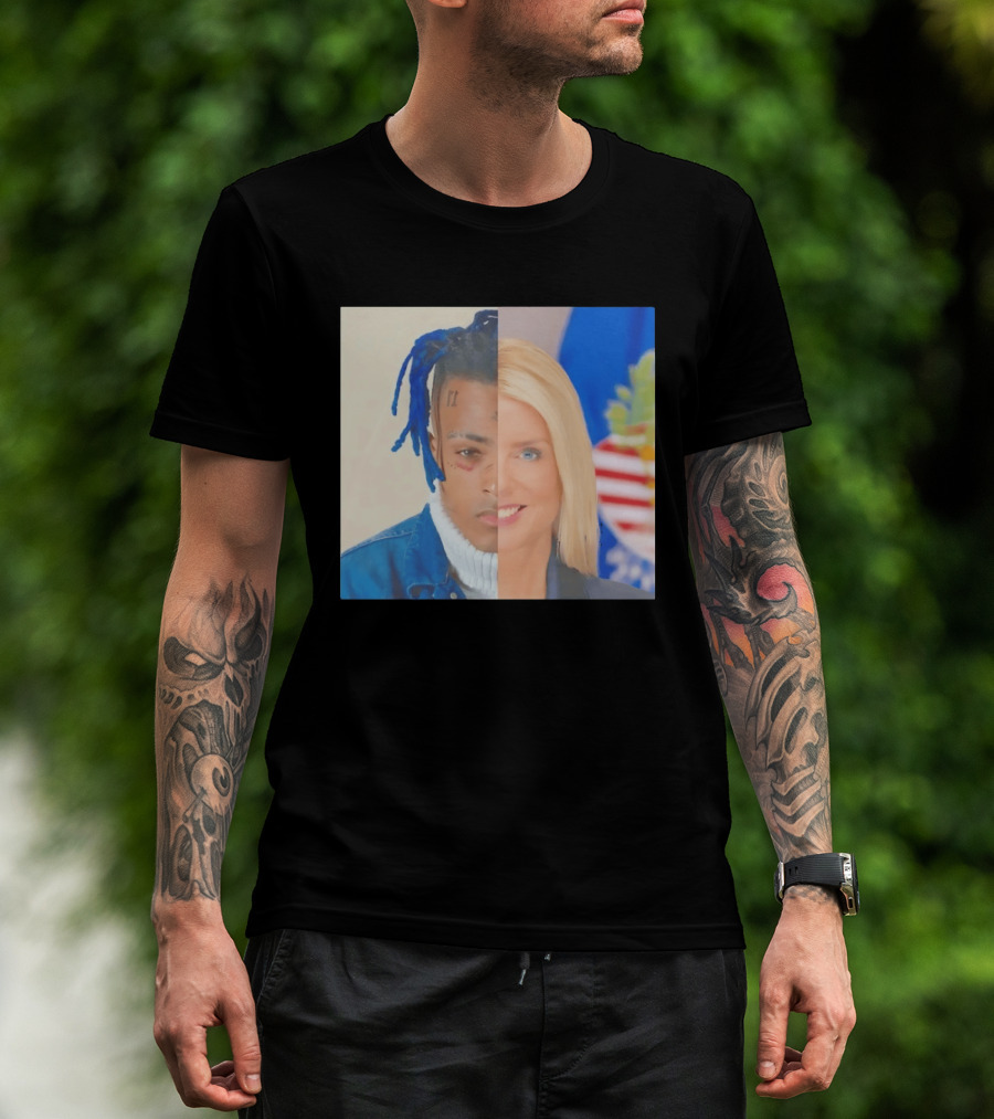 XXXTentacion Pam Bondi Split Image Face Half Blue Dreads Tattoos American Flag T-Shirt