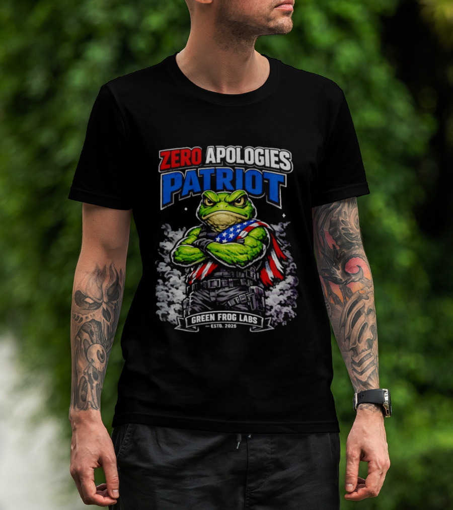 Zero Apologies Patriot Green Frog Labs Estd 2025 American Flag Frog T-Shirt