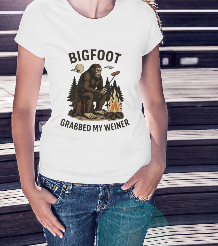 Bigfoot Grabbing My Weiner Campfire Sausage Grilling Moonlit Forest T-Shirt