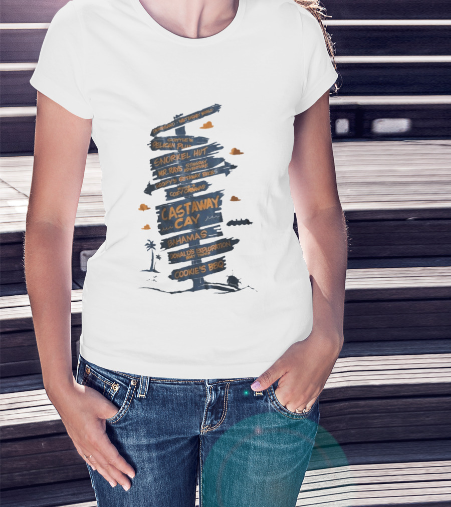 Castaway Cay Bahamas Adventure Signpost Donald's Boat Tours Cookie's BBQ T-Shirt