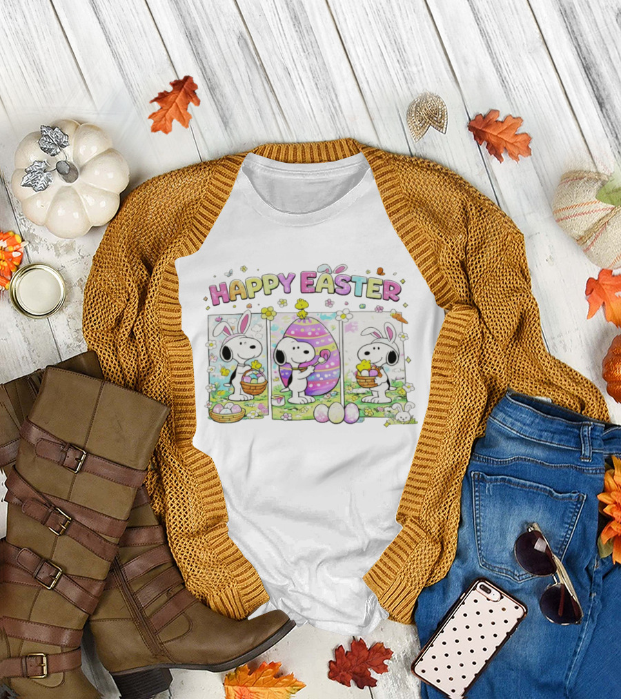 Hoppy Easter Snoopy Bunny Eggs with Woodstock Peanuts Celebration T-Shirt