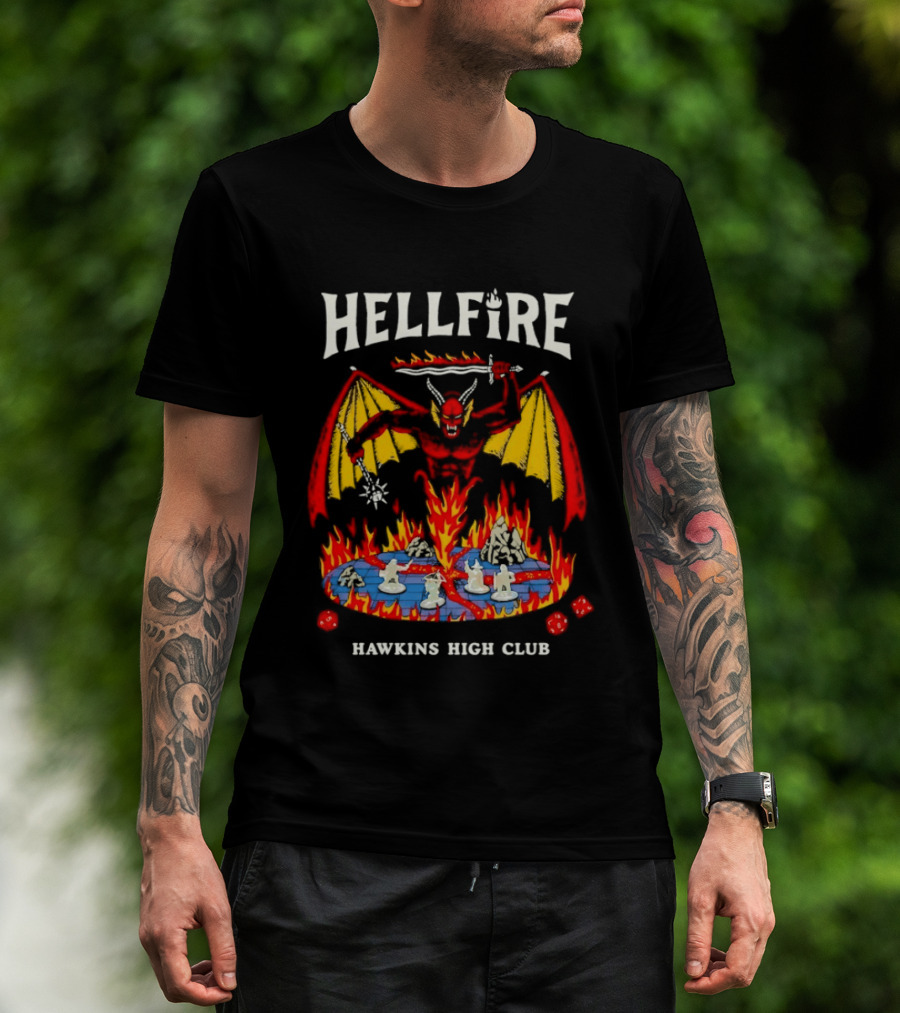 Hellfire Hawkins High Club Demon With Flames And Dice T-Shirt