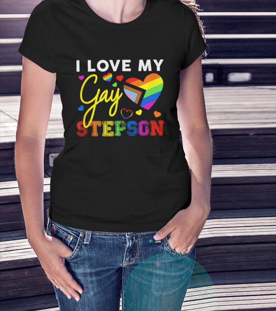 I Love My Gay Stepson LGBT Pride Rainbow Heart T-Shirt