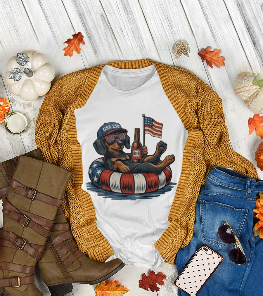 USA 250 Dachshund Floating with American Flag and Beer T-Shirt