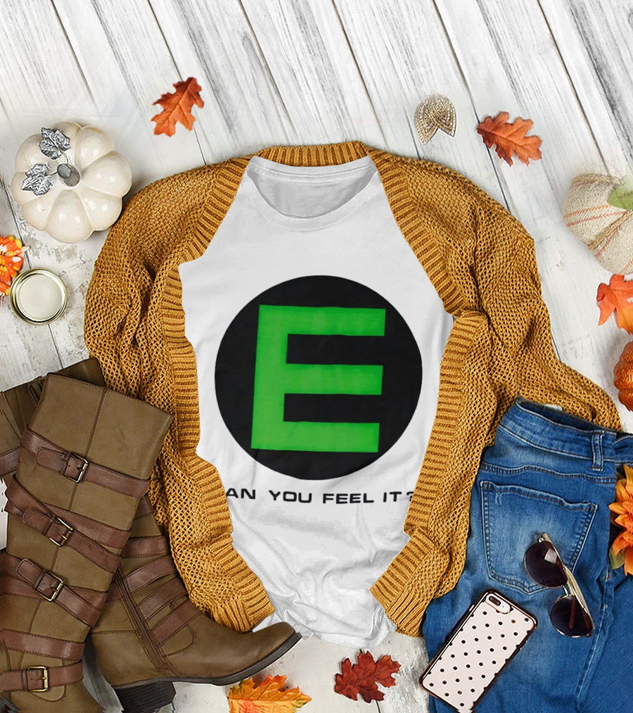 E Can You Feel It Green Block Letter T-Shirt
