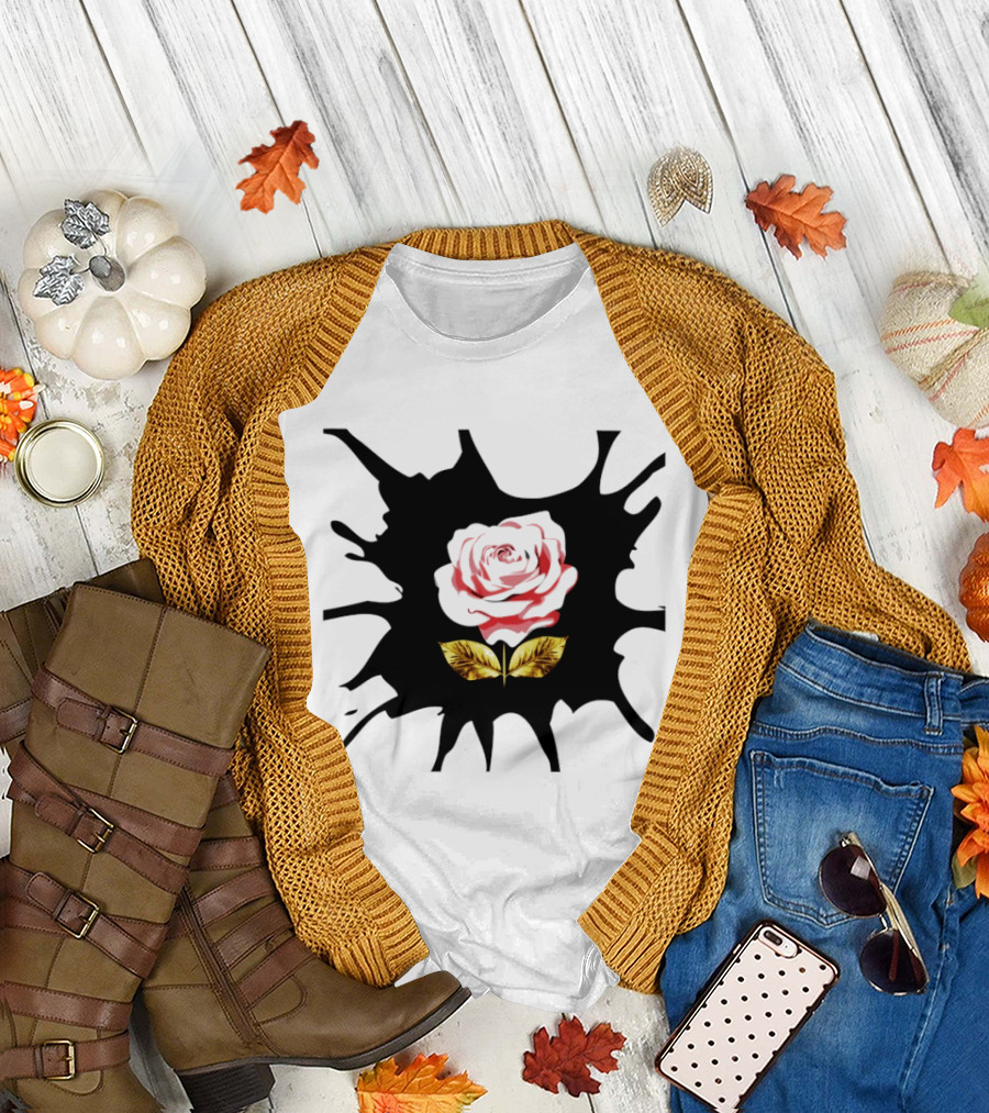 Elegant Pink Flower On Dark Splatter With Golden Leaves T-Shirt