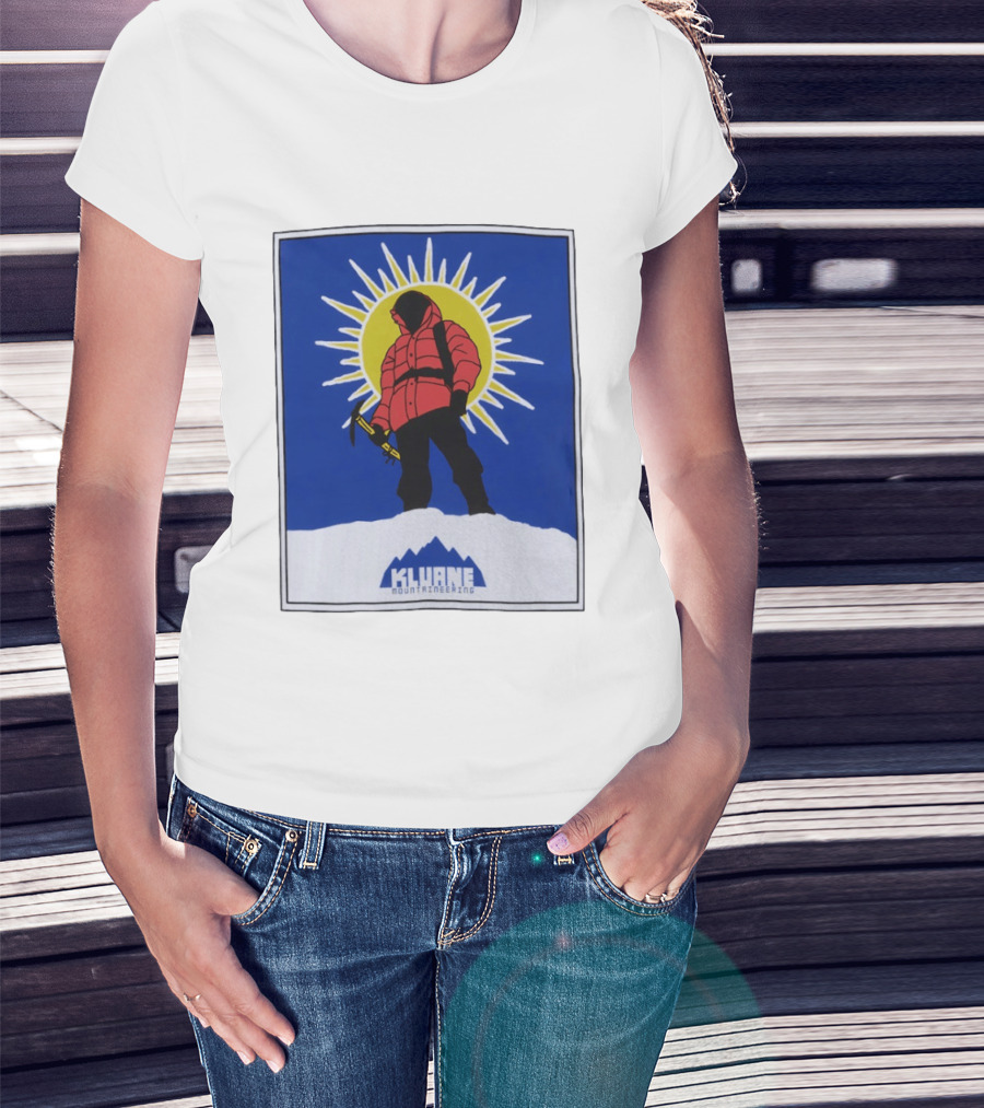 Kluane Mountaineering Hiker In Red Parka With Sunburst And Ice Axe T-Shirt