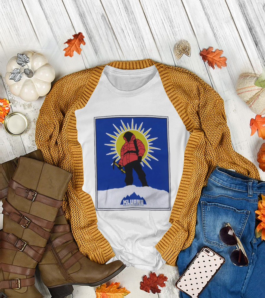 Kluane Mountaineering Hiker in Red Parka with Sunburst and Ice Axe T-Shirt