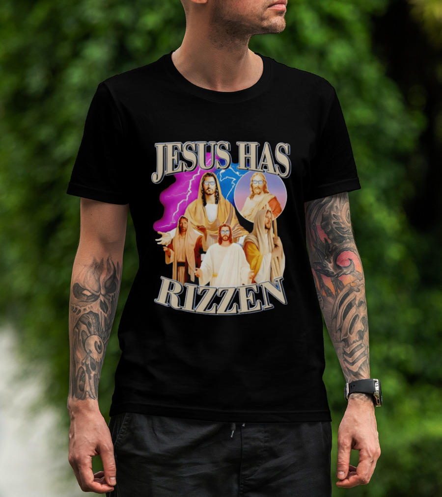 Jesus Has Rizz'en Meme Humor Lightning Vibes Sunglasses T-Shirt