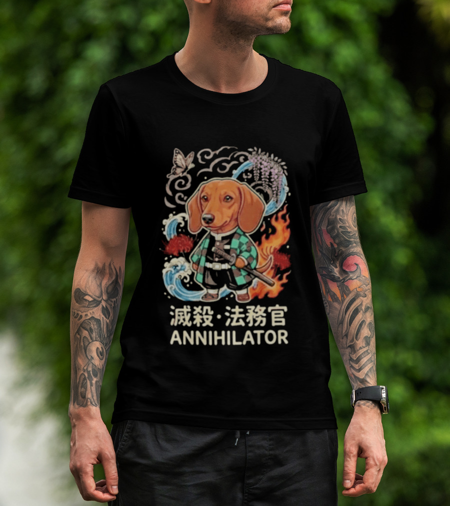 Annihilator Dachshund Kimono Kanji Flame Water Sword Butterfly T-Shirt