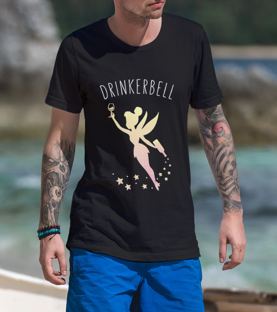 DRINKERBELL Fairy Holding Wine Glass And Bottle With Star Magic T-Shirt