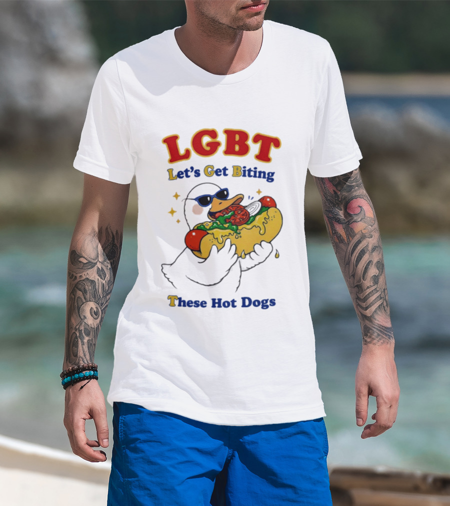 LGBT Goose Let's Get Biting These Hot Dogs Fun Pride Humor T-Shirt