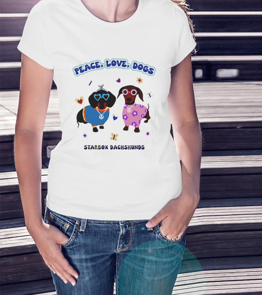 Peace Love Dogs Starbox Dachshunds Heart Glasses Flower Outfits T-Shirt